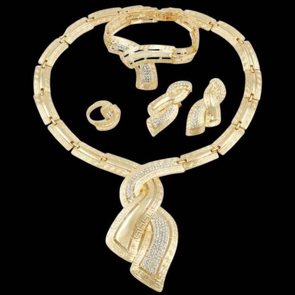 Gold Tone and Clear Stones Necklace, Bracelet, Earrings, and Adjustable Ring Set - Picture 2 of 9